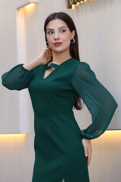 V Yaka Şifon Kollu Yırtmaçlı Midi Elbise 6015-Yeşil