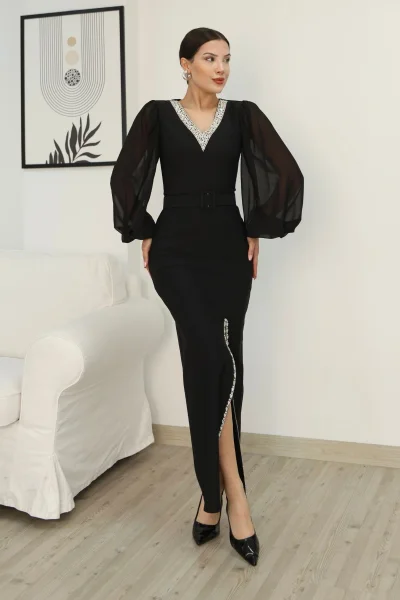 V Yaka Taş Detaylı Yırtmaçlı Balon Kol Abiye Elbise 2332-Siyah