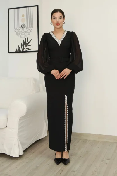 V Yaka Taş Detaylı Yırtmaçlı Balon Kol Abiye Elbise 2332-Siyah