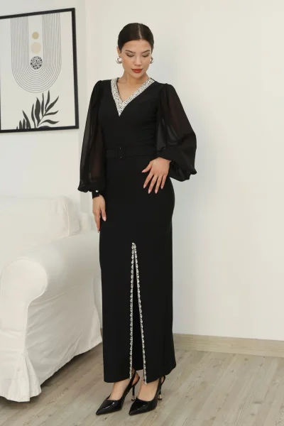 V Yaka Taş Detaylı Yırtmaçlı Balon Kol Abiye Elbise 2332-Siyah