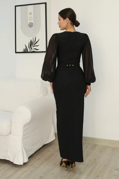 V Yaka Taş Detaylı Yırtmaçlı Balon Kol Abiye Elbise 2332-Siyah