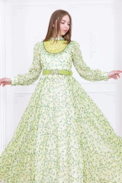 Yaka Dantel Detaylı Şifon Abiye 2726-Yeşil