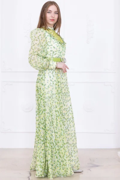 Yaka Dantel Detaylı Şifon Abiye 2726-Yeşil