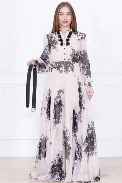 Yaka Dantel İşlemeli Şifon Abiye 2728-Siyah