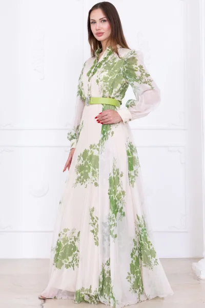 Yaka Dantel İşlemeli Şifon Abiye 2728-Yeşil