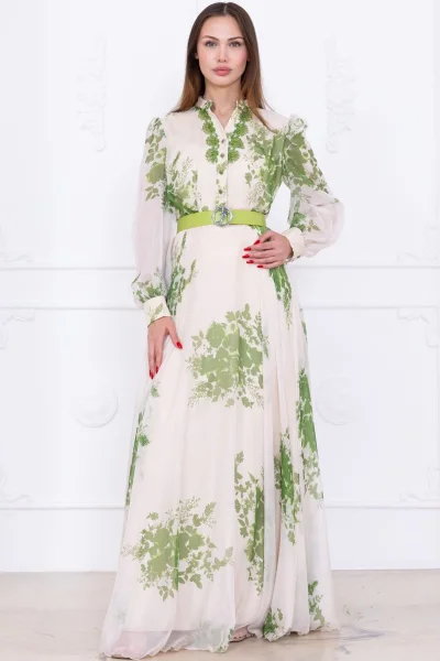 Yaka Dantel İşlemeli Şifon Abiye 2728-Yeşil