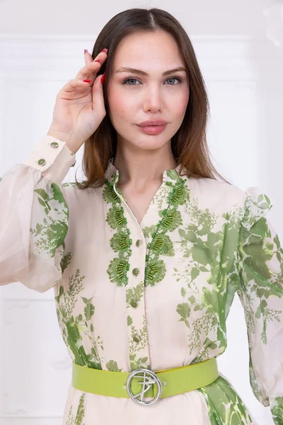 Yaka Dantel İşlemeli Şifon Abiye 2728-Yeşil