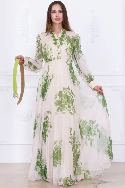 Yaka Dantel İşlemeli Şifon Abiye 2728-Yeşil