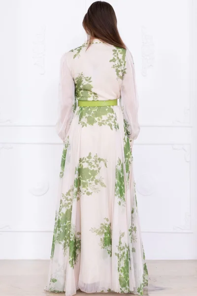 Yaka Dantel İşlemeli Şifon Abiye 2728-Yeşil