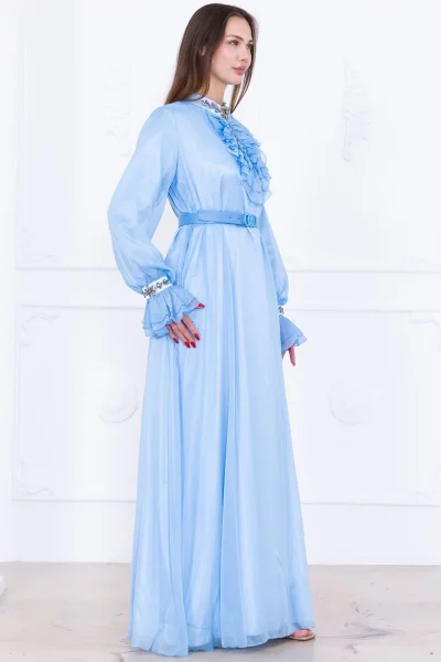 Yaka Fırfırlı Boncuk İşlemeli Şifon Abiye 2716-Bebe Mavisi