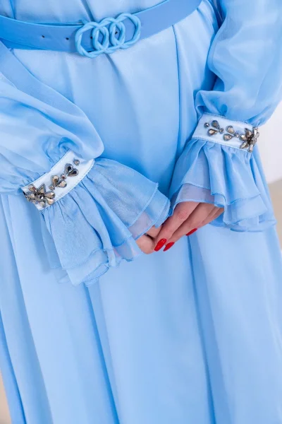 Yaka Fırfırlı Boncuk İşlemeli Şifon Abiye 2716-Bebe Mavisi