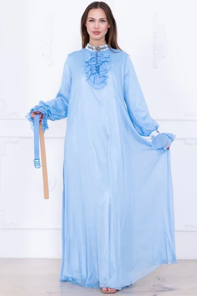 Yaka Fırfırlı Boncuk İşlemeli Şifon Abiye 2716-Bebe Mavisi