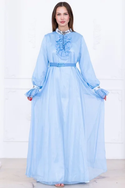 Yaka Fırfırlı Boncuk İşlemeli Şifon Abiye 2716-Bebe Mavisi