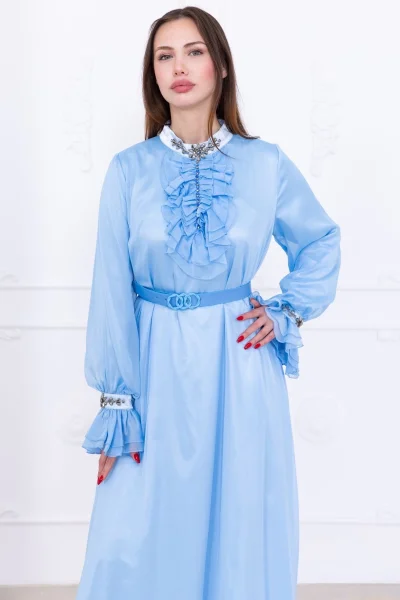 Yaka Fırfırlı Boncuk İşlemeli Şifon Abiye 2716-Bebe Mavisi