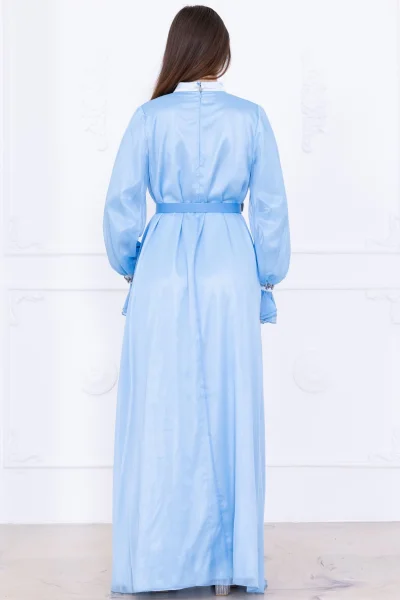 Yaka Fırfırlı Boncuk İşlemeli Şifon Abiye 2716-Bebe Mavisi