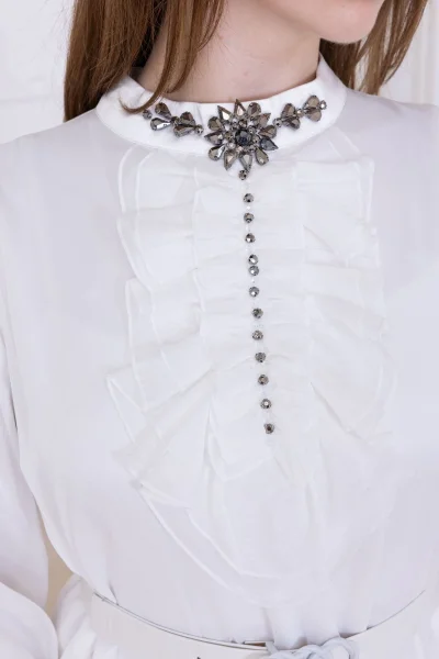 Yaka Fırfırlı Boncuk İşlemeli Şifon Abiye 2716-Ekru