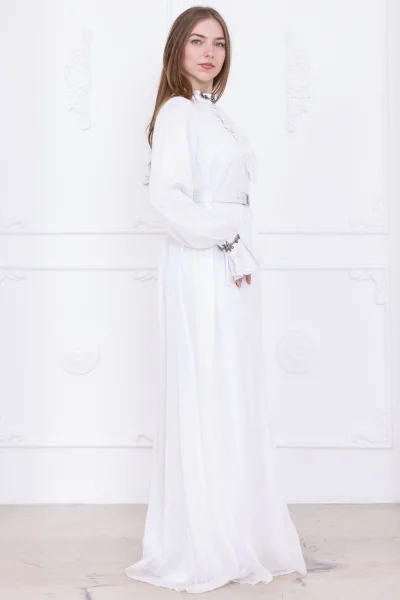 Yaka Fırfırlı Boncuk İşlemeli Şifon Abiye 2716-Ekru