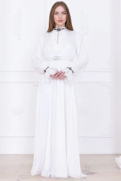 Yaka Fırfırlı Boncuk İşlemeli Şifon Abiye 2716-Ekru