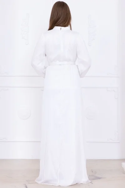 Yaka Fırfırlı Boncuk İşlemeli Şifon Abiye 2716-Ekru