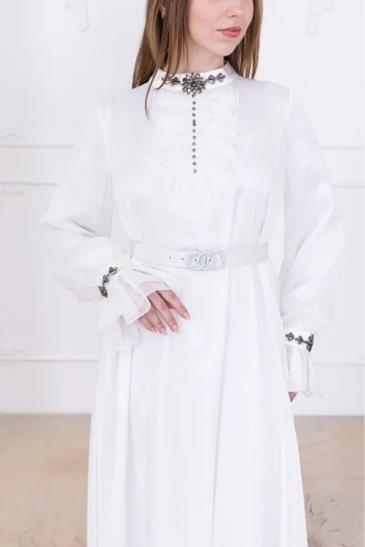 Yaka Fırfırlı Boncuk İşlemeli Şifon Abiye 2716-Ekru