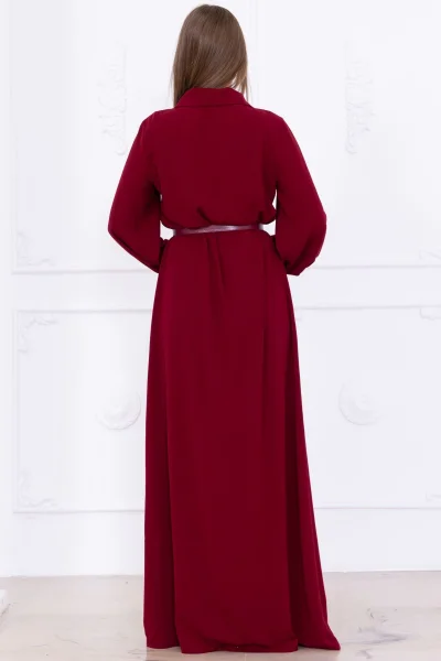 Yaka İşleme Detaylı Kemerli Rahat Form Elbise 1016-Bordo