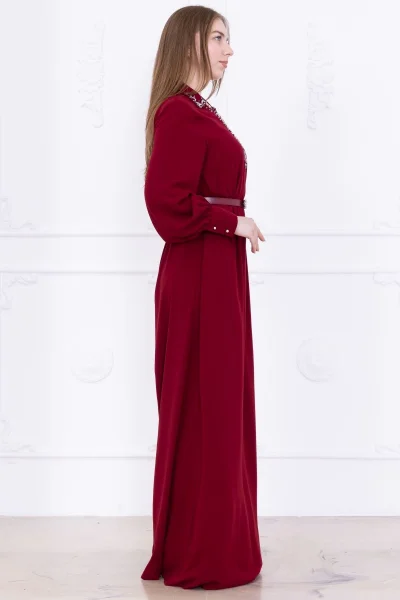 Yaka İşleme Detaylı Kemerli Rahat Form Elbise 1016-Bordo