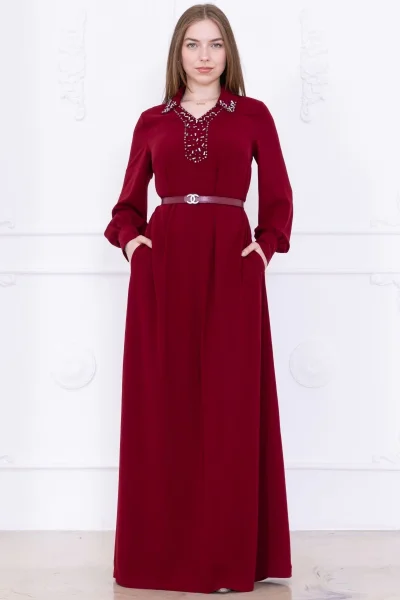 Yaka İşleme Detaylı Kemerli Rahat Form Elbise 1016-Bordo