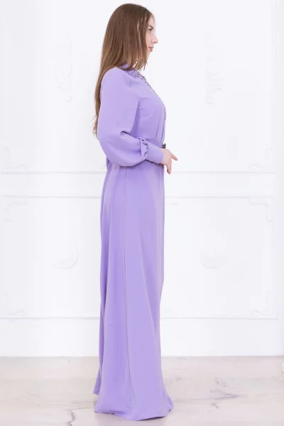 Yaka İşleme Detaylı Kemerli Rahat Form Elbise 1016-Lila