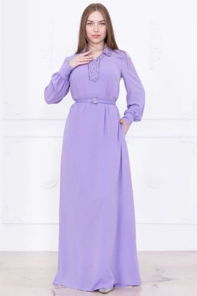 Yaka İşleme Detaylı Kemerli Rahat Form Elbise 1016-Lila