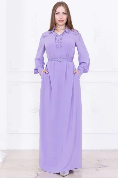 Yaka İşleme Detaylı Kemerli Rahat Form Elbise 1016-Lila