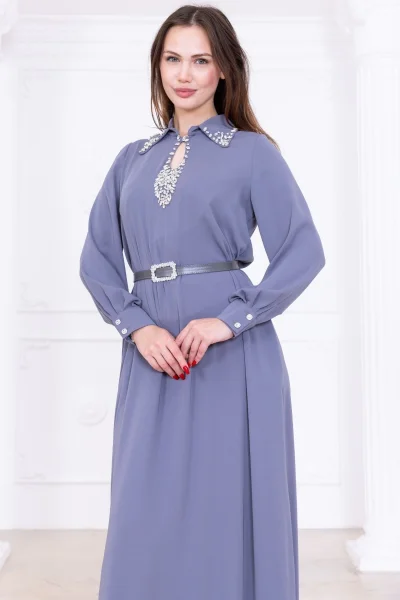 Yaka İşleme Detaylı Rahat Form Elbise 1013-Gri