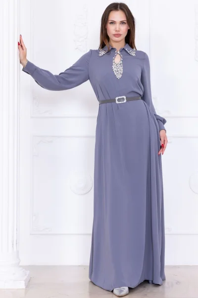 Yaka İşleme Detaylı Rahat Form Elbise 1013-Gri