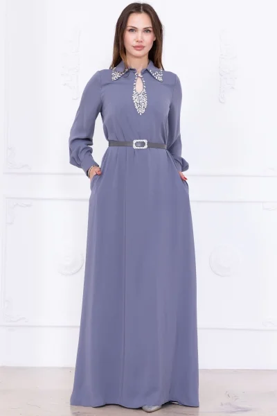 Yaka İşleme Detaylı Rahat Form Elbise 1013-Gri