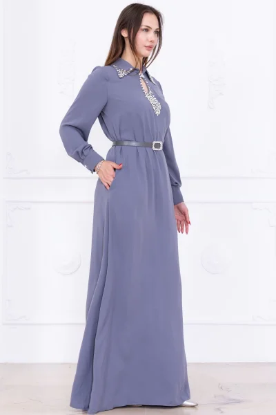 Yaka İşleme Detaylı Rahat Form Elbise 1013-Gri