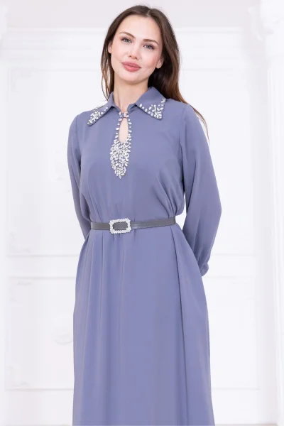 Yaka İşleme Detaylı Rahat Form Elbise 1013-Gri