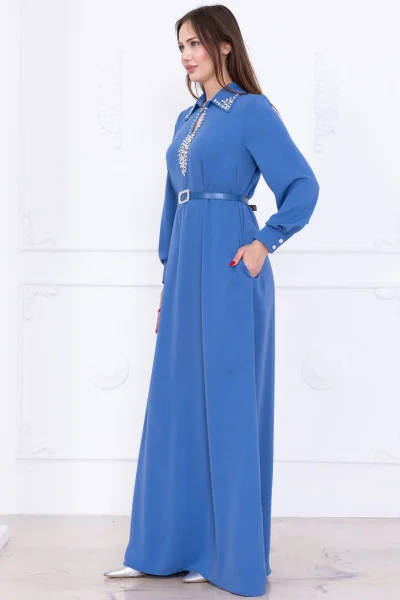 Yaka İşleme Detaylı Rahat Form Elbise 1013-İndigo