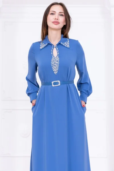 Yaka İşleme Detaylı Rahat Form Elbise 1013-İndigo