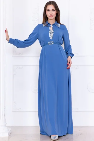 Yaka İşleme Detaylı Rahat Form Elbise 1013-İndigo