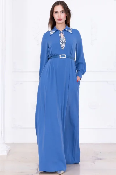 Yaka İşleme Detaylı Rahat Form Elbise 1013-İndigo