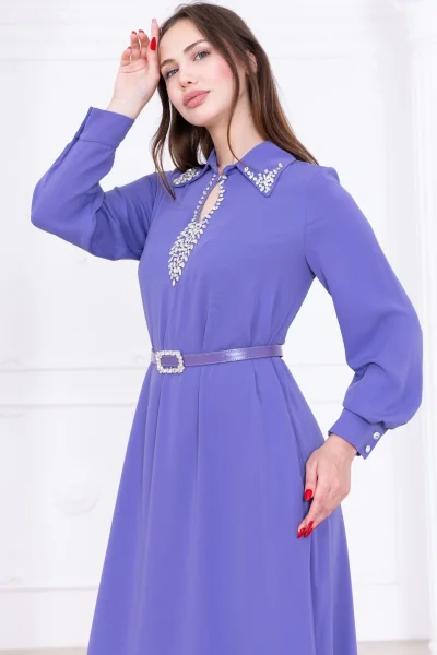 Yaka İşleme Detaylı Rahat Form Elbise 1013-Lila