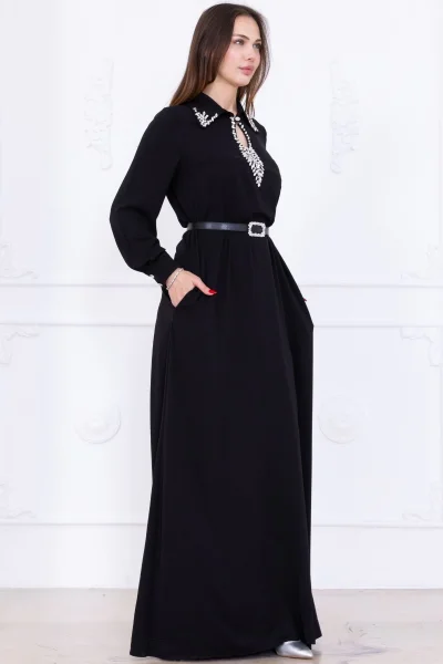 Yaka İşleme Detaylı Rahat Form Elbise 1013-Siyah