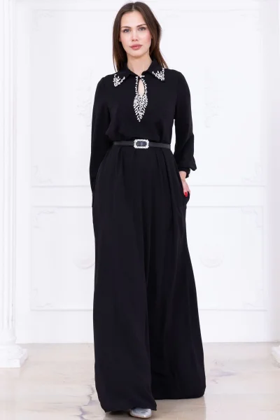 Yaka İşleme Detaylı Rahat Form Elbise 1013-Siyah