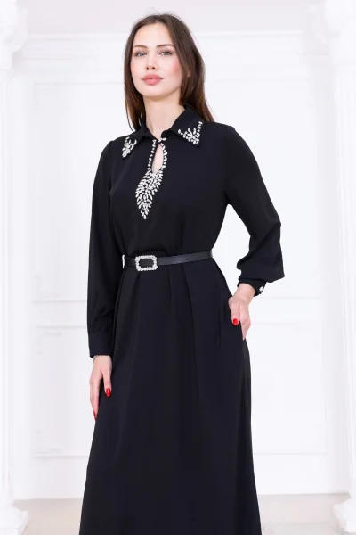 Yaka İşleme Detaylı Rahat Form Elbise 1013-Siyah