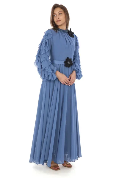 Yaka İşlemeli Kol Fırfırlı Taşlı Çiçek Detaylı Elbise 2708-İndigo