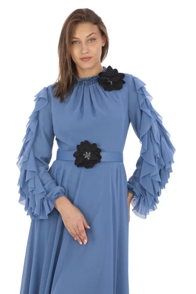 Yaka İşlemeli Kol Fırfırlı Taşlı Çiçek Detaylı Elbise 2708-İndigo