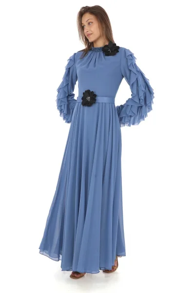 Yaka İşlemeli Kol Fırfırlı Taşlı Çiçek Detaylı Elbise 2708-İndigo