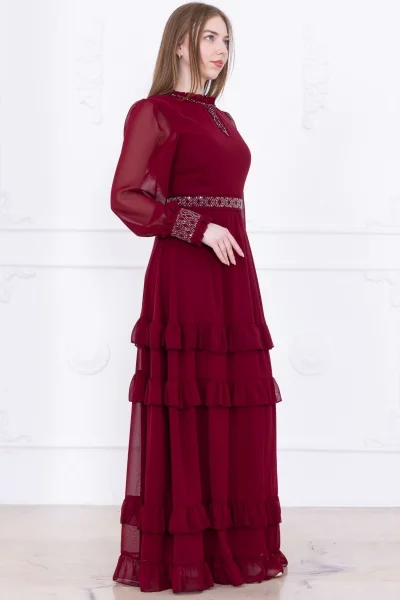 Yaka İşlemeli Taşlı Kol ve Kemer Detaylı Kat Kat Abiye Elbise 2756-Bordo