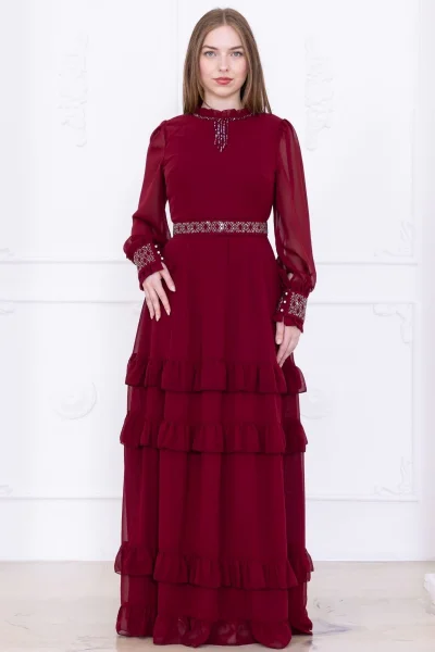 Yaka İşlemeli Taşlı Kol ve Kemer Detaylı Kat Kat Abiye Elbise 2756-Bordo