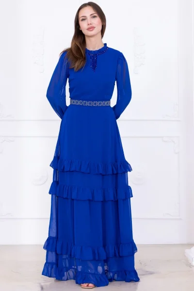 Yaka İşlemeli Taşlı Kol ve Kemer Detaylı Kat Kat Abiye Elbise 2756-Saks