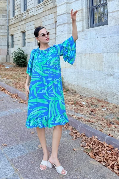 Yaka Lastikli Fırfır Detaylı Rahat Form Viskon Elbise 6024-İndigo